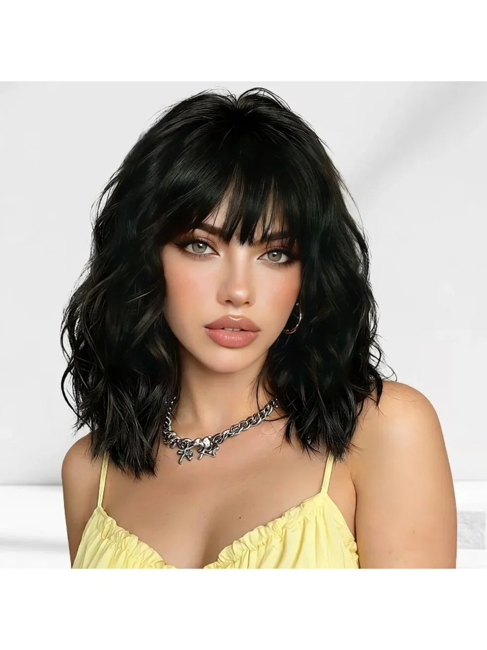 Women's Black 16 Inch Wavy Wig With Bangs Shoulder Length Synthetic Hair